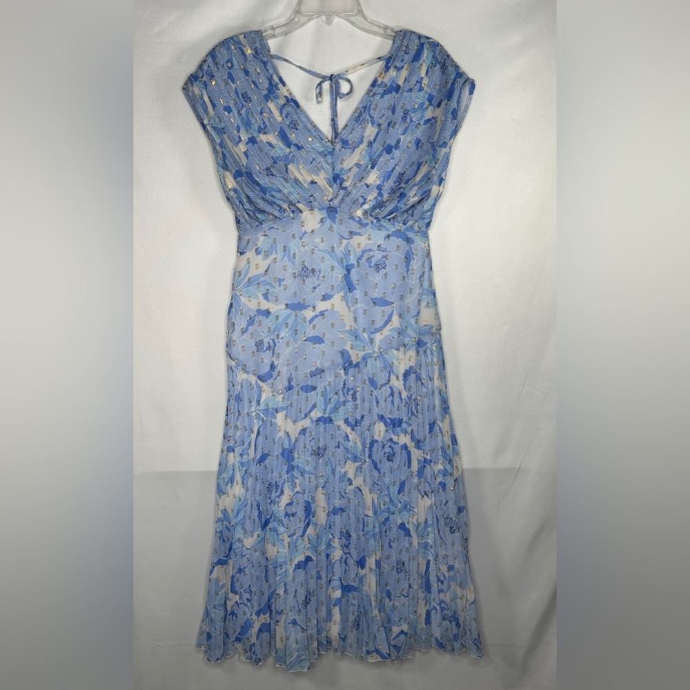 Fate Blue Floral Pleated Midi Dress Gold Metallic V-neck Cap Sleeves Fairy‎ Sz M